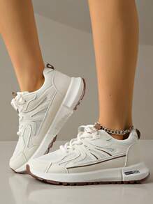 全新女士厚底运动鞋，米色网眼时尚平底户外休闲厚底运动鞋，四季皆宜 - 米色 - 查看 4