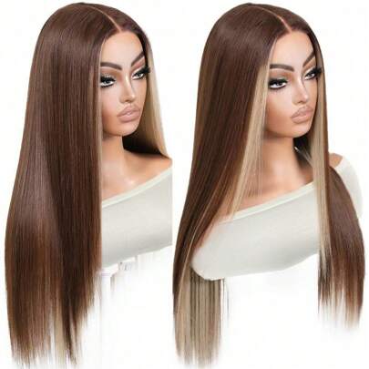 金色露肩蕾丝假发，女士直发合成蕾丝假发，预先拔毛，可直接佩戴，尺寸13x5x1，外观自然，无需胶水。