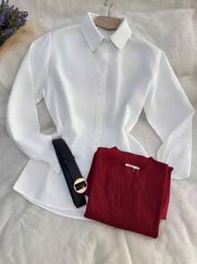 ANJO&M FASHlON Importer Knitted Vest + Shirt + Belt Set Imported - 酒紅色 - 查看 2
