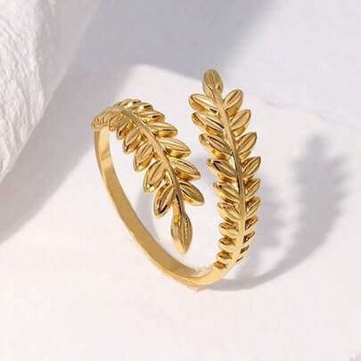 1pc Stainless Steel 18K Gold Plated Leaf Shaped Adjustable Open Ring, Vintage French Style Fashion Wear Resistant Finger Ring, Minimalist & Chic Design