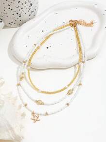 3 件装波西米亚海滩风格金属海星和贝壳珍珠可调节项链女士 - 金色 - 查看 5
