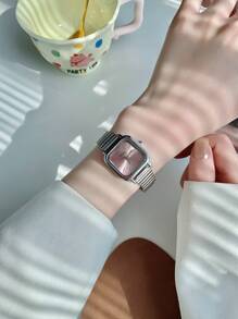 1 pieza Reloj de mujer de acero inoxidable plateado cuadrado clásico y elegante con movimiento de cuarzo. Esfera multicolor apto para uso diario. Como regalo para estudiantes - Unitalla - Ver 16