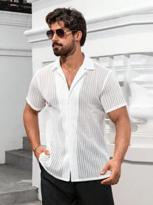 Men's Casual Button Up Short Sleeve Fashion Resort Beach Shirt - White - View 4