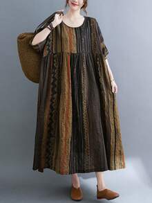 Top, 2025 Lato Nowa Czeska Pasiasta Sukienka Casualowa, Sukienka Damska, Codzienna Odzież Damska Plus-Size, Damska Plus-Size Luźna Sukienka Vintage Okrągły Dekolt I Rękawy Duży Swing Luźny