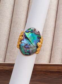 1pc Vintage Alloy Abalone Shell, Leopard, Oval Leaf Design Exaggerated Personalized Metal Ring For Women, Everyday Wear