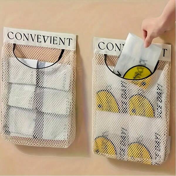 2pcs/1pc Space-Saving Wall-Mounted Kitchen Trash Bag Storage Organizer, Mesh Pocket With Hook And Loop Closure, Minimalist Home Supplies Net Bag