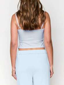 VIVINA 女式简约时尚休闲日常百搭条纹针织面料前开扣吊带背心，适合外出、约会、家居服和派对 - 藍色 - 查看 2