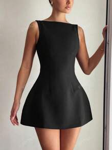 Plus Size Vrouwen Modieuze Minimalistische Elegante Getailleerde Zwarte Gebreide Rugloze A-lijn Jurk
