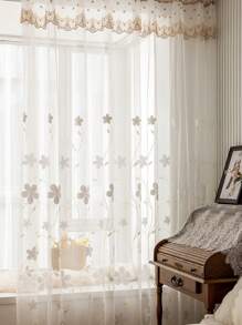 1 pieza Cortina translúcida con bordado floral, color crema estilo romántico francés, adecuada para sala de estar y dormitorio