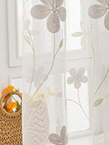 1 pieza Cortina translúcida con bordado floral, color crema estilo romántico francés, adecuada para sala de estar y dormitorio