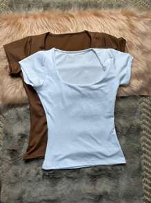 KIT 2 BABY LOOK PREMIUM BLOUSE WITH SQUARE COLLAR SHORT SLEEVE BLOGGER FASHION. - Trắng và Nâu - Xem 3