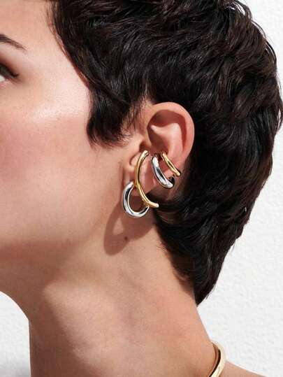 Uworld 1 Stück Frauen unvollständiger symmetrischer Gold- und Silber-Kontrast-Linien-Ohrringe, 18 Karat Edelstahl-Ohrringe, geeignet für tägliche Kommunikation, Dekoration, Partys und Reisen