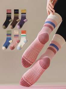 1/3/6 双女式拼色防滑瑜伽和普拉提中筒袜，运动过脚袜，适合在地板上穿着 - 彩色 - 查看 4