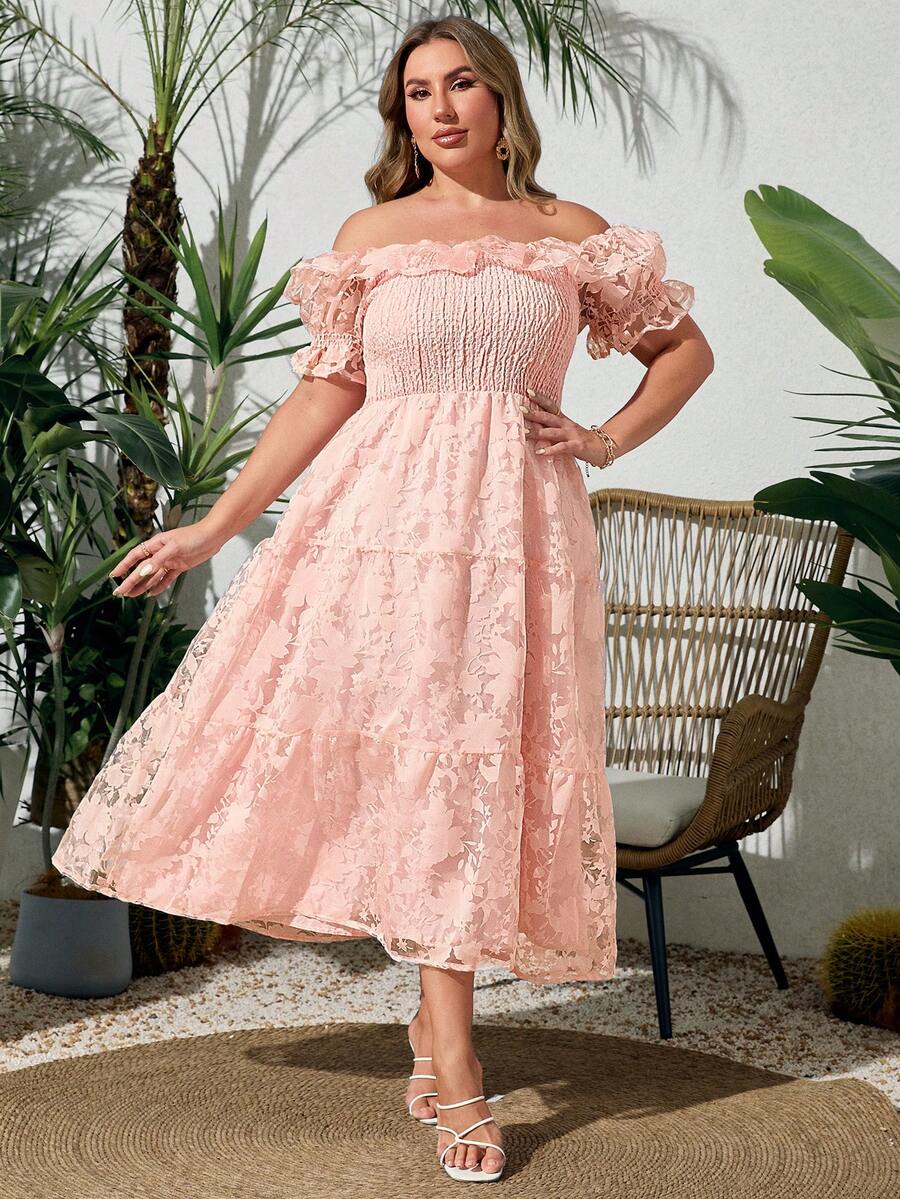 大码女装夏季新款时尚无肩带镂空网纱连衣裙，优雅适合婚礼宾客、花园派对、约会、度假等场合，粉色 - 粉色 - 查看 1