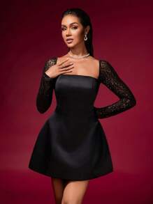 Solid Color Square Neck A-Line Dress With Sequin Patchwork Long Sleeve, Party Gown - Black - View 5