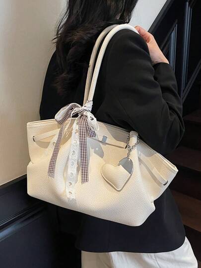 1 件高端时尚饺子形大容量单肩手提包，休闲通勤手提包，复古简约手提包配皮带，适合女孩、女士、大学生、办公室工作人员，非常适合工作、商务、通勤、学校，配有装饰围巾吊坠