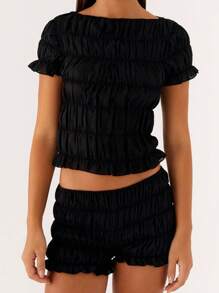 Women's 2 Piece Shorts Set Short Sleeve Boat Neck Ruched T-Shirt Shorts Outfits Sets - 黑色 - 查看 1