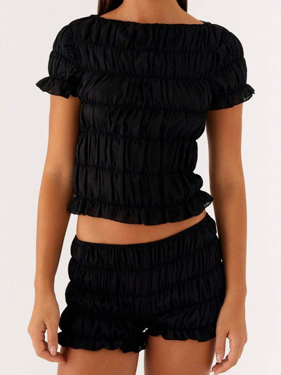 Women's 2 Piece Shorts Set Short Sleeve Boat Neck Ruched T-Shirt Shorts Outfits Sets - 黑色 - 查看 1