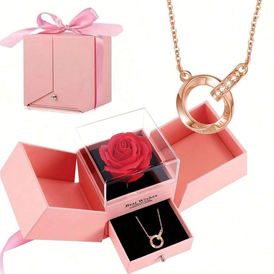 High End Pink Eternal Flower Gift Box, Circle Interlocking Pendant Necklace, Suitable For Valentine's Day, Mother's Day, Anniversaries, Birthdays. Give Your Love To Her, One Gift Is A Surprise