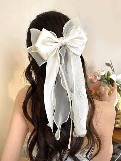 1pc Beige Mesh Super Large Bow Wave Ribbon Double-Layer Woven Hairclip, Elastic, Elegant Soft Tassel Decor, Suitable For Daily Wear, Photography, Travel In Spring, School Stuff, College, Bows, Cute