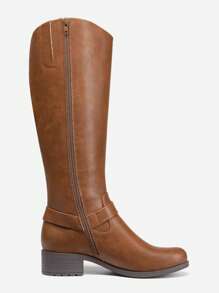 Women's Knee-High Boots, Comfortable Chunky Block Heel Pointed Toe Pull On Side Zipper Suede Slouch Riding Boots - Brown - View 4