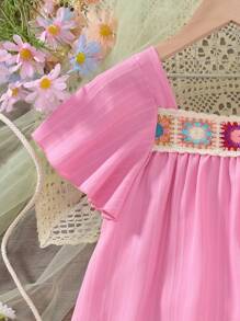 Vihyde Tween Girls Hollow-Out Ribbon Collar Ruffle Trim Casual Short Sleeve Top & Shorts Set, Holiday Suit - Coral Pink - View 4