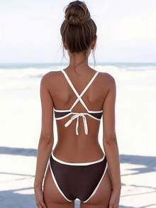 2pcs/Set Brown & White Contrast Color Beach Swimsuit