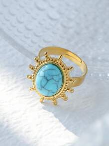 1pc Stainless Steel Ring With Unique Textured White, Black, Blue Natural Stone, Suitable For Women Everyday, Party, Halloween, Valentine's Day, Thanksgiving Gift