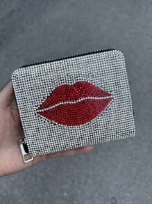 Carteira Curta Em Pu Com Strass Em Formato De Lábio, Porta-Cartões Com Zíper Cor Cobre, Mini Carteira Feminina 2 Em 1, Mini Carteira Estilo Ins Europeu E Americano, Vários Compartimentos Para Cartões, Porta-Moedas Para Festas, Carteira, Presente De Aniversário, Dia Dos Namorados E Natal. - Multicolorido - Ver 2