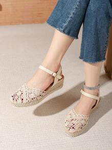 Women's New Chunky Heel Thick-Soled Fashion Versatile Woven Straw Bottom Casual Shoes. Lightweight, Elegant, Comfortable Women's Sandals. White, Black, Beige, Red, Green, Pink