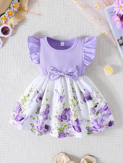 Baby Girl Summer Cap Sleeve Butterfly Print Bow Decor Waist Cute Dress