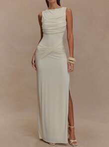 Sleeveless Backless High Split Bodycon Party Dress - White - View 1