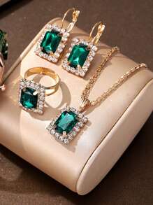 3pcs/Set Women's Geometric Square Rhinestone Necklace, Earrings, And Ring Set, European And American Style - Gold - View 2