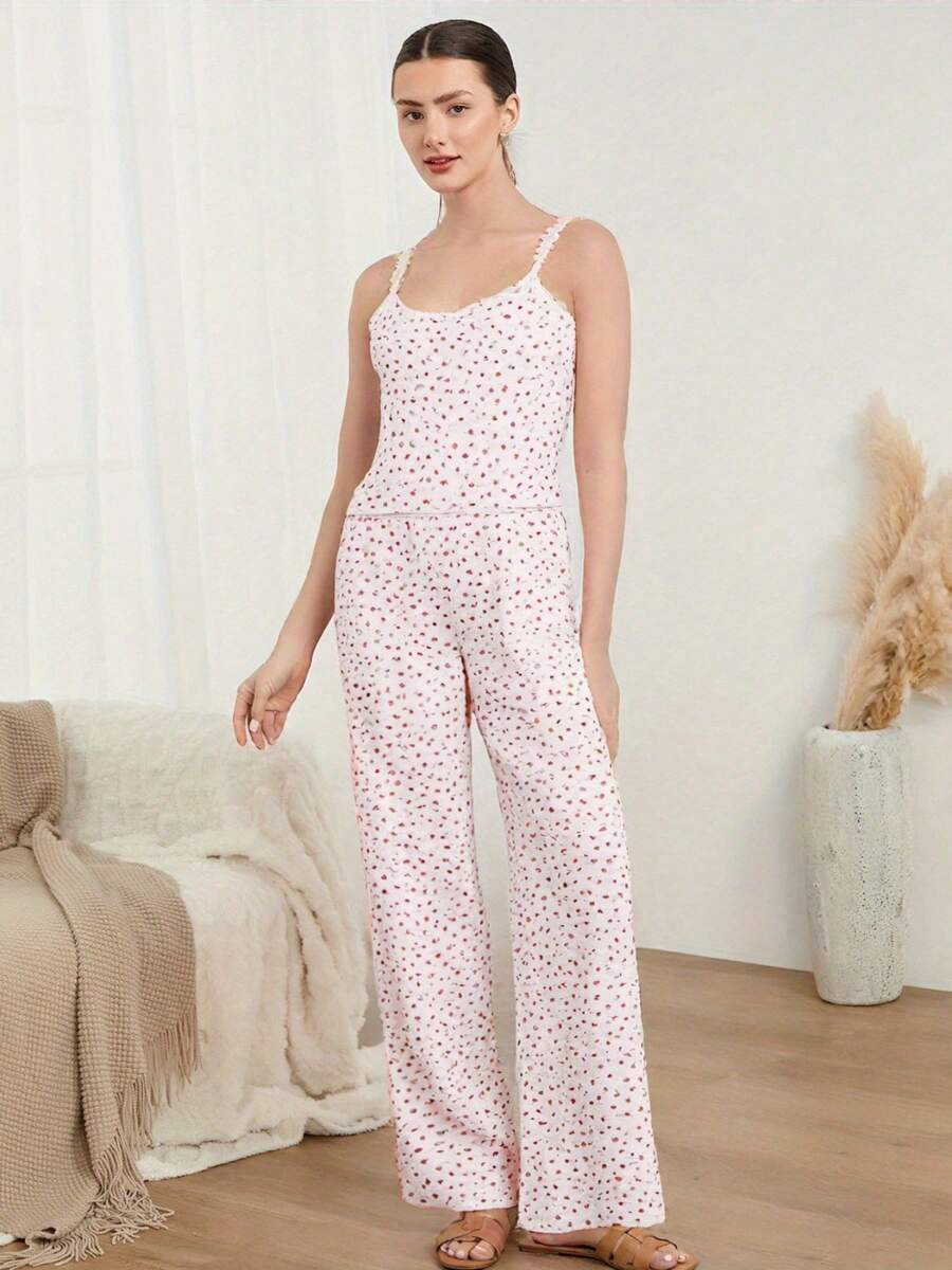 Women's Summer Loungewear Set Floral Print Lace Trim Tank Tops With Elastic Waist Pants Sleepwear