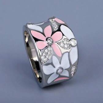 1pc Vintage Elegant Enamel Floral Design Micro-Inlaid Cubic Zirconia & Resin Women Ring