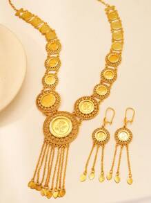 3 件时尚优质项链耳环套装铜镀金玫瑰花朵图案硬币链首饰套装适合女性婚礼首饰节日礼物