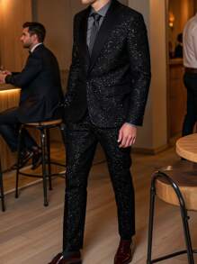 2 件男士闪亮星空黑色西装套装、夹克和裤子，适合商务、婚礼、派对、宴会、正式场合