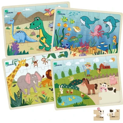 24pcs Wooden Jigsaw Puzzles Toys, Educational Puzzles Of Dinosaur, Farm, Zoo, Ocean, Suitable For Christmas, Halloween, Valentine's Day Gifts