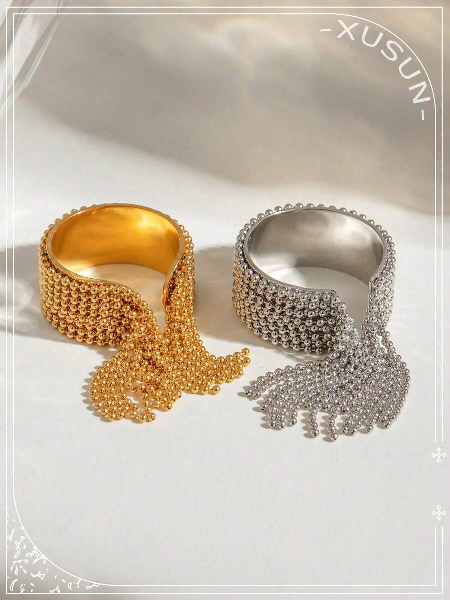 1Pc Stainless Steel Bead Tassel Ring With High-End Titanium Steel Jewelry For Women's Daily Wear And Fashionable Party Gifts