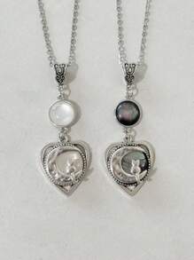 1PC Gothic Style Heart Shaped Cat And Moon Necklace For Women's Everyday Accessories Jewellery Gifts