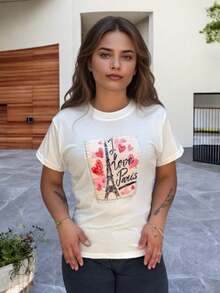 Blusa Grafica de Cuello Redondo y Manga Corta con Estampado de la Torre Eiffel 3D en Relieve - Blanco - Ver 1