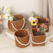 Imitation Rattan Basket Flower Basket Faux Pearl Handle Stylish Appearance Versatile Picnic Basket For Lotions Toiletries - Multicolor - View 1