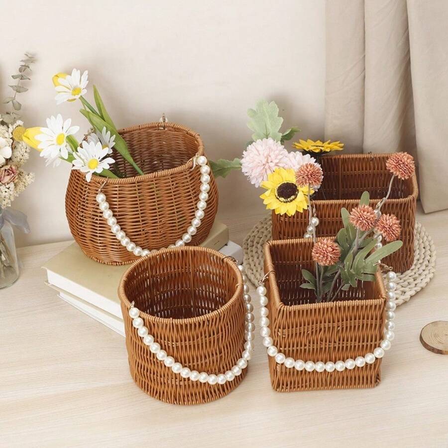 Imitation Rattan Basket Flower Basket Faux Pearl Handle Stylish Appearance Versatile Picnic Basket For Lotions Toiletries - Multicolor - View 1