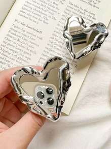 1 件心形镜面气囊手机支架，电镀亮银色创意酷炫风格小众高审美 Ins 风格，便携式补漆工具，舒适的桌面支架，可伸缩推拉手感，背贴+支架二合一，美观实用，自拍和视频首选，贴纸无痕迹或残留，可搭配不同颜色的手机壳，适用于几乎所有手机