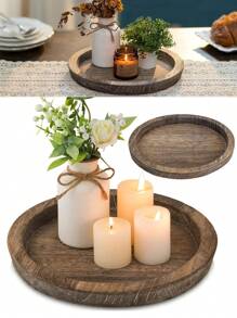 Rustic Wooden Serving Tray Round Wood Decorative Tray Rustic White Centerpiece Candle Holder Trays For Coffee Table Farmhouse Ottoman Tray For Kitchen Counter Home Decor - Coffee Brown - View 2