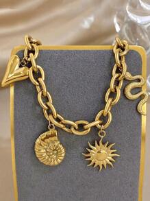 1Pc Stylish Sun Snake Seashell Heart Pendant Stainless Steel Bracelet For Women & Couples - Beach Essential, Summer Must-Have, Holiday Gift, Travel Jewelry - Gold & Silver Options - Multicolor - View 9