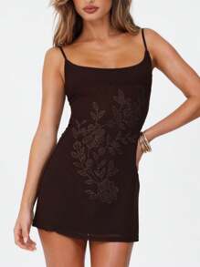 Women Spaghetti Strap Mini Dress Y2K Rhinestone Sleeveless Backless Dress For Vacation Beach Summer Streetwear - Brown - View 5