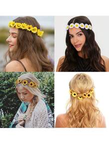 1pc Sunflower Daisy Flower Crown Headband, Bohemian Simulated Floral Wreath Daisy Hairband, Hippie Bride Headdress For Women, Suitable For Hawaiian Party, Beach Photos, Party And Festival Decoration