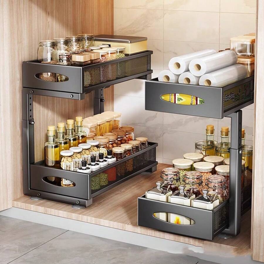 Unterspüle Organizer, 2-stufiges ausziehbares Aufbewahrungsregal mit Netzschubladen, Mehrzweck-Schiebeschrankkorborganisator für Küche, Bad, Speisekammer, Büroschrank