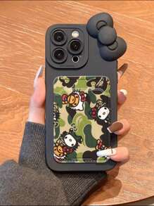 Sanrio Camouflage Hello Kitty Eye Design Black Card Holder & Phone Protective Case Fits Apple 16ProMax/11/12/13/14Plus/15Pro/XR/XS